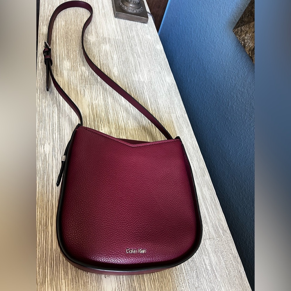 Calvin Klein Wine Pebbled Leather Crossbody